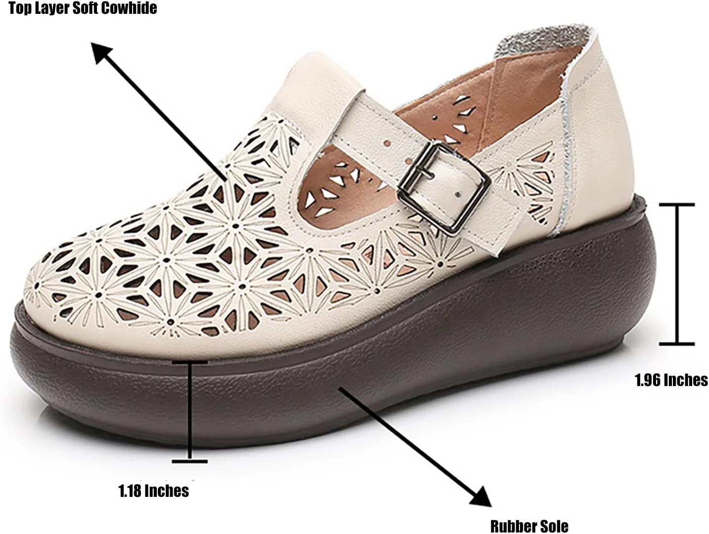 Women's Leather Hollow Platform Mary Janes Adjustable Hook and Loop T-Strap Casual Breathable Chunky Wedge Arch Support Pumps Comfortable Soft Soled Work Dress Dress Walking Shoes