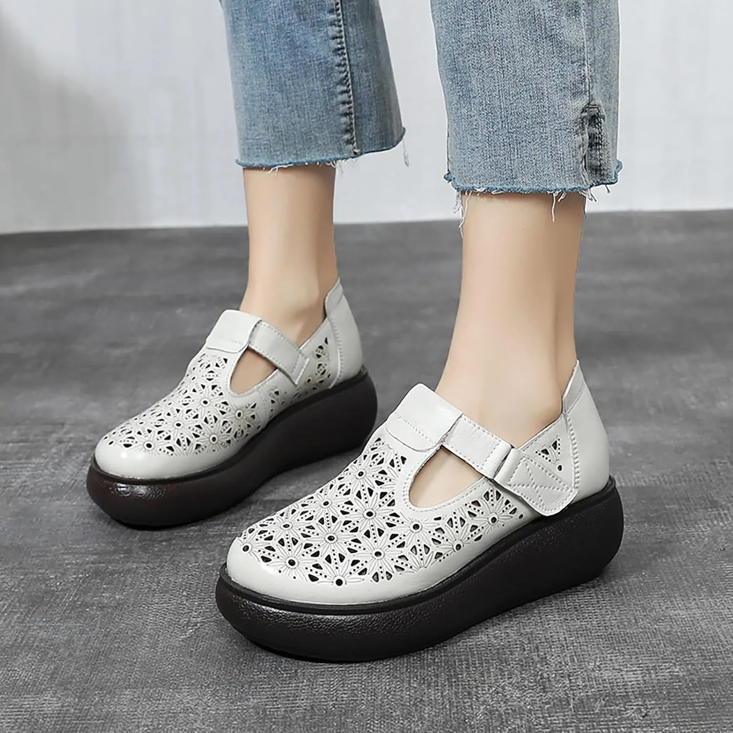 Women's Leather Hollow Platform Mary Janes Adjustable Hook and Loop T-Strap Casual Breathable Chunky Wedge Arch Support Pumps Comfortable Soft Soled Work Dress Dress Walking Shoes