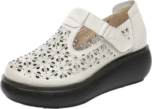 Women's Leather Hollow Platform Mary Janes Adjustable Hook and Loop T-Strap Casual Breathable Chunky Wedge Arch Support Pumps Comfortable Soft Soled Work Dress Dress Walking Shoes