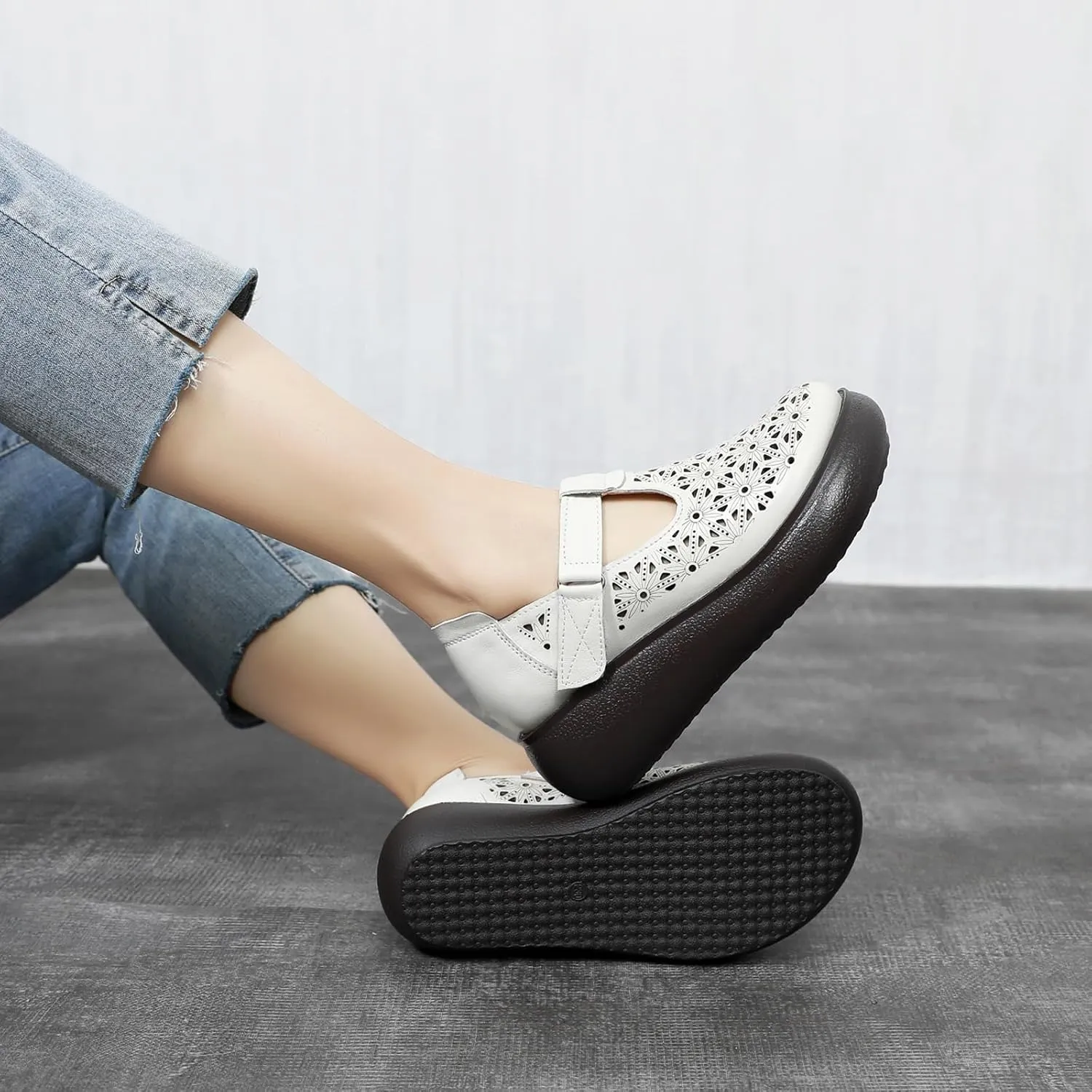 Women's Leather Hollow Platform Mary Janes Adjustable Hook and Loop T-Strap Casual Breathable Chunky Wedge Arch Support Pumps Comfortable Soft Soled Work Dress Dress Walking Shoes