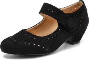Women's Low Chunky Heel Ankle Strap Cut Out Closed Toe Pumps Hook and Loop Retro D'Orsay Vintage Dressy Wedding Party Church Shoes