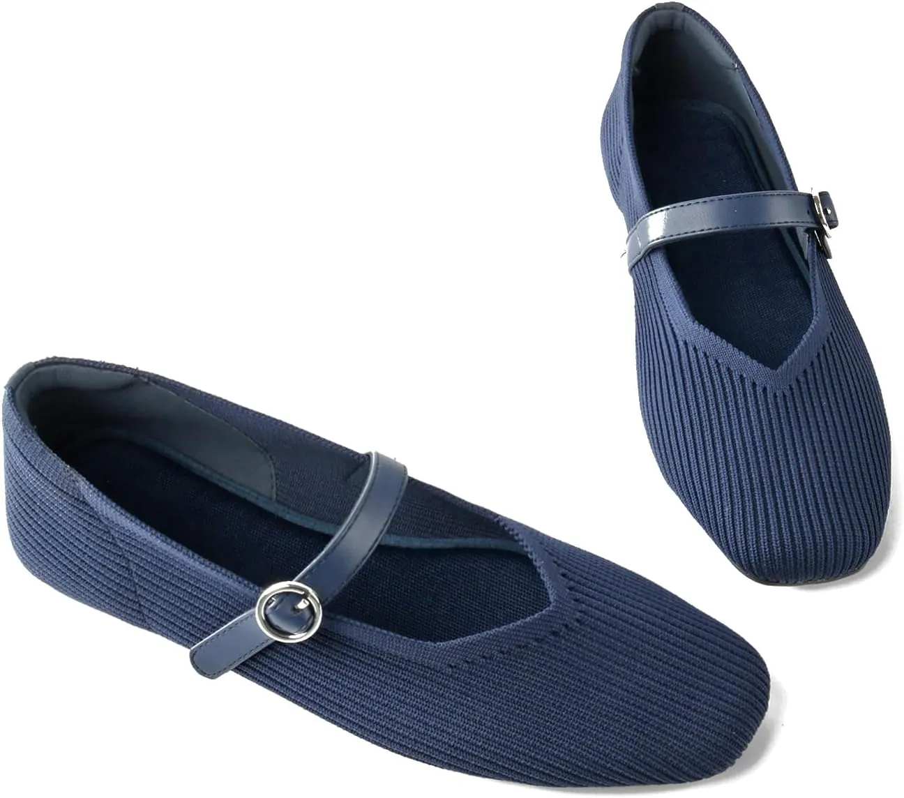 Women's Mary Jane Ballet Knit Flats Square Toe Washable Comfort Shoes with Straps for Office Casual Wear Softable Low Top