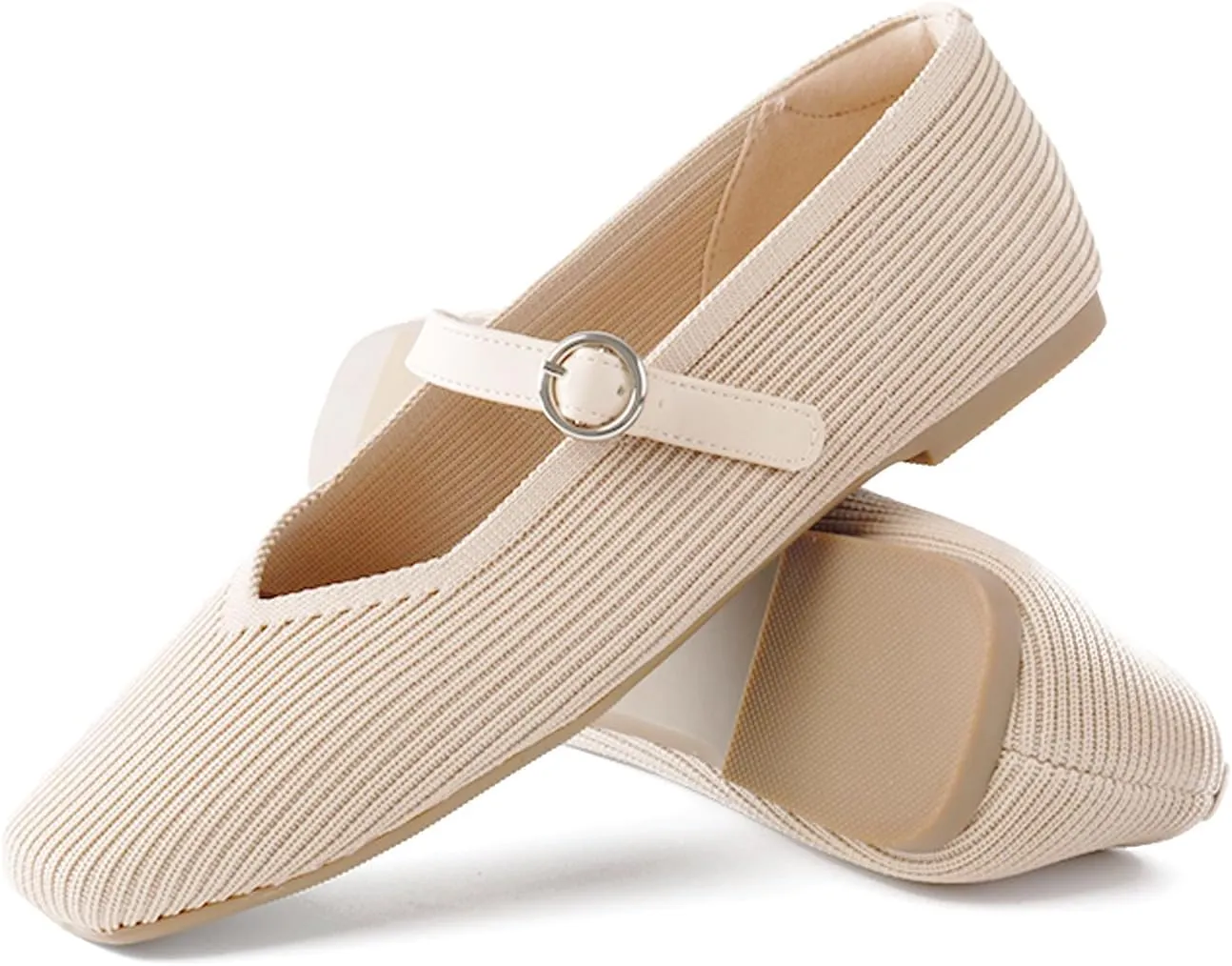 Women's Mary Jane Ballet Knit Flats Square Toe Washable Comfort Shoes with Straps for Office Casual Wear Softable Low Top