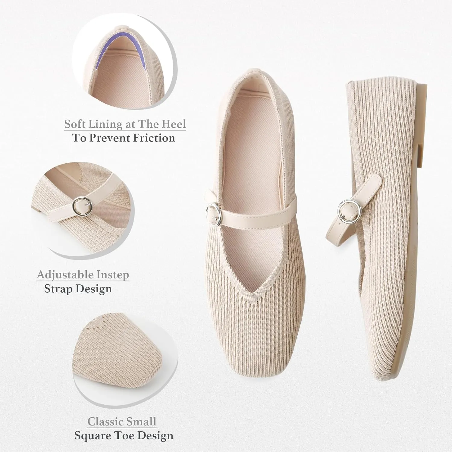 Women's Mary Jane Ballet Knit Flats Square Toe Washable Comfort Shoes with Straps for Office Casual Wear Softable Low Top