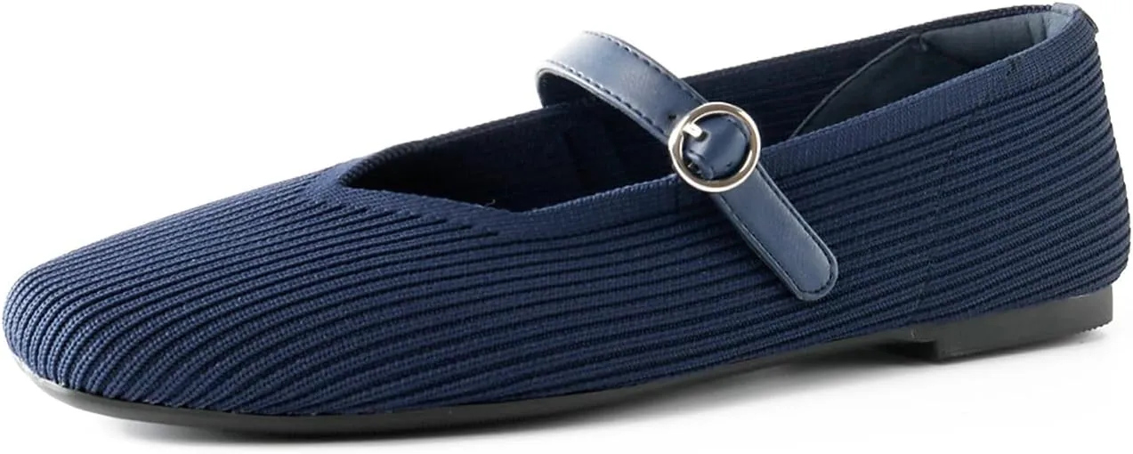 Women's Mary Jane Ballet Knit Flats Square Toe Washable Comfort Shoes with Straps for Office Casual Wear Softable Low Top