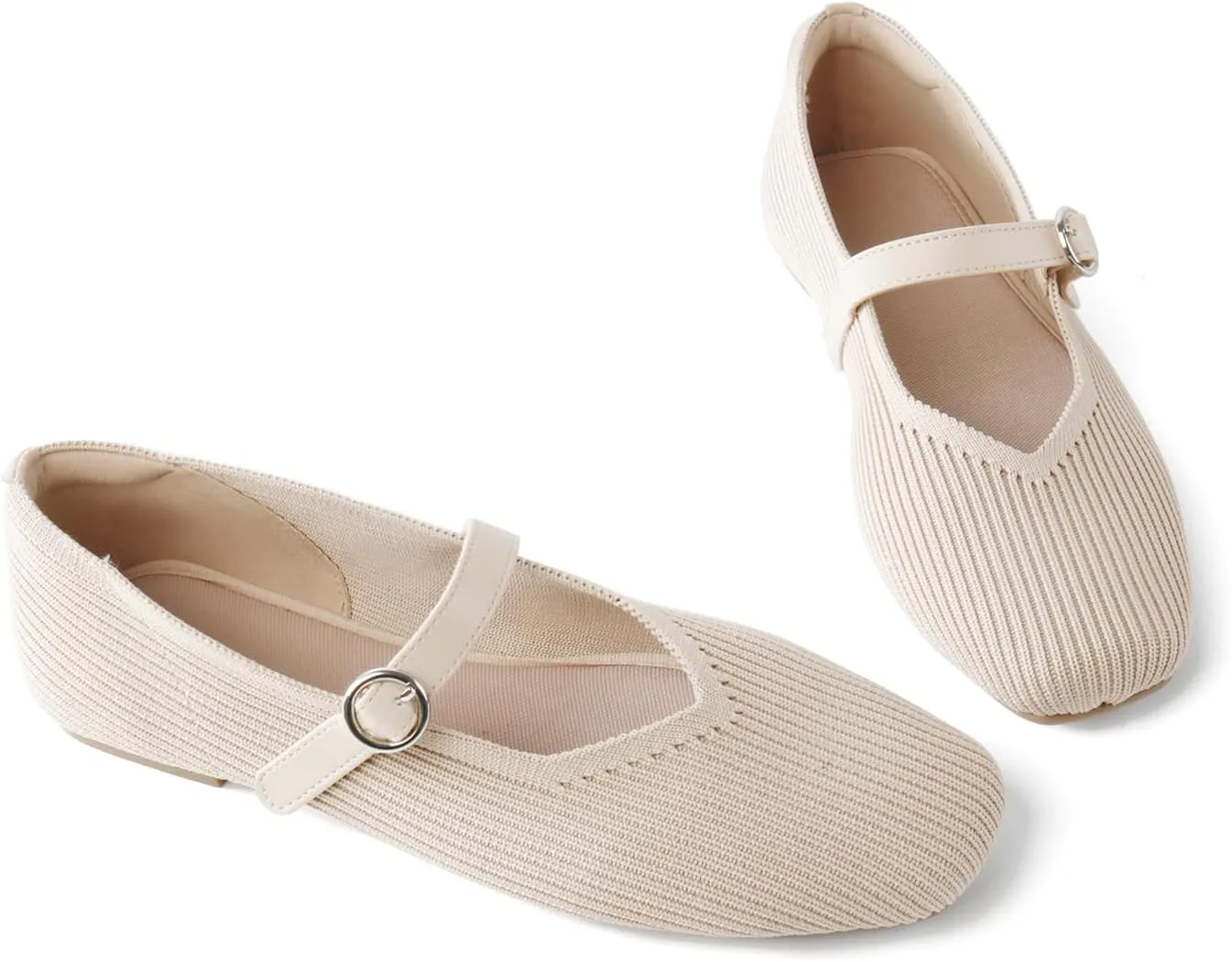 Women's Mary Jane Ballet Knit Flats Square Toe Washable Comfort Shoes with Straps for Office Casual Wear Softable Low Top
