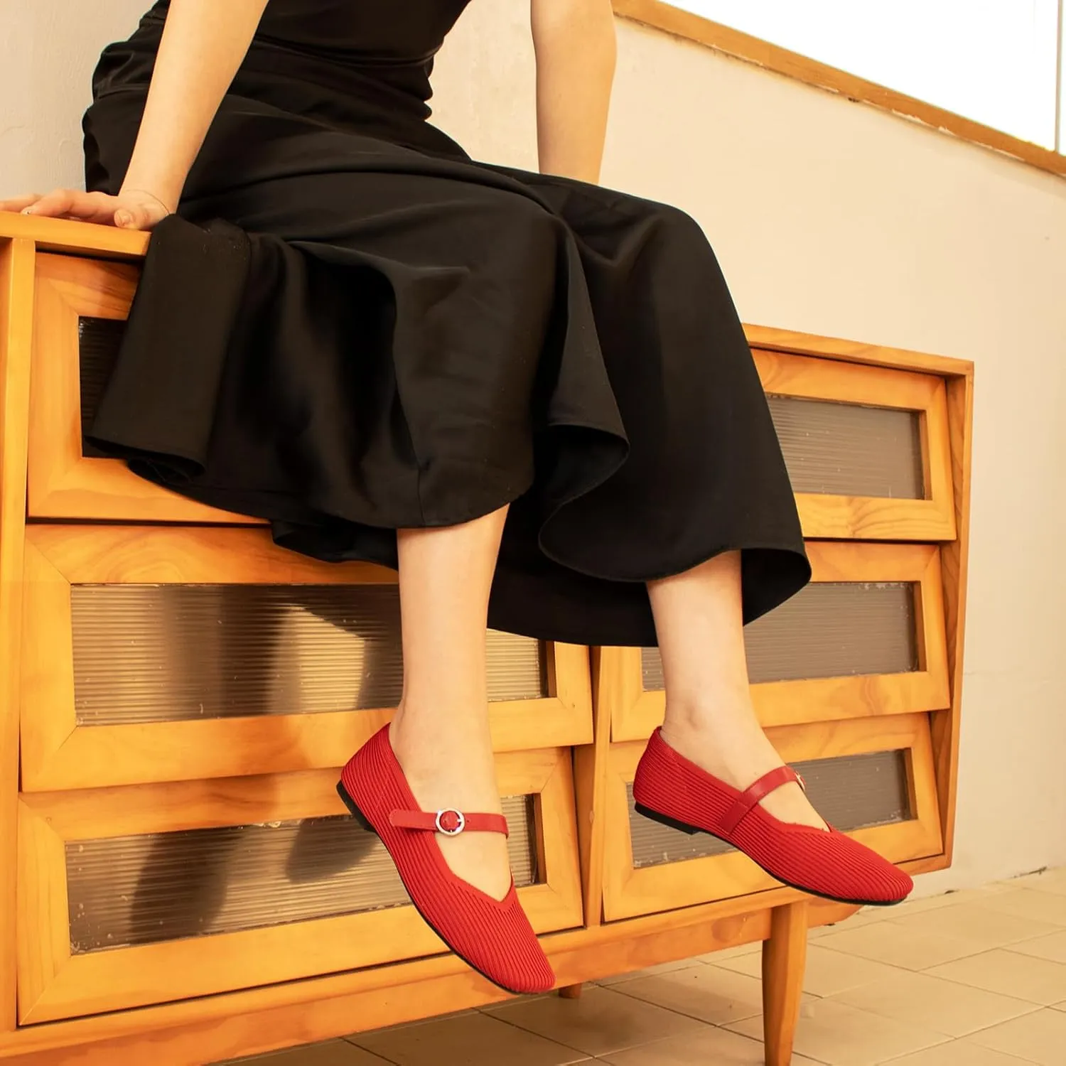 Women's Mary Jane Ballet Knit Flats Square Toe Washable Comfort Shoes with Straps for Office Casual Wear Softable Low Top