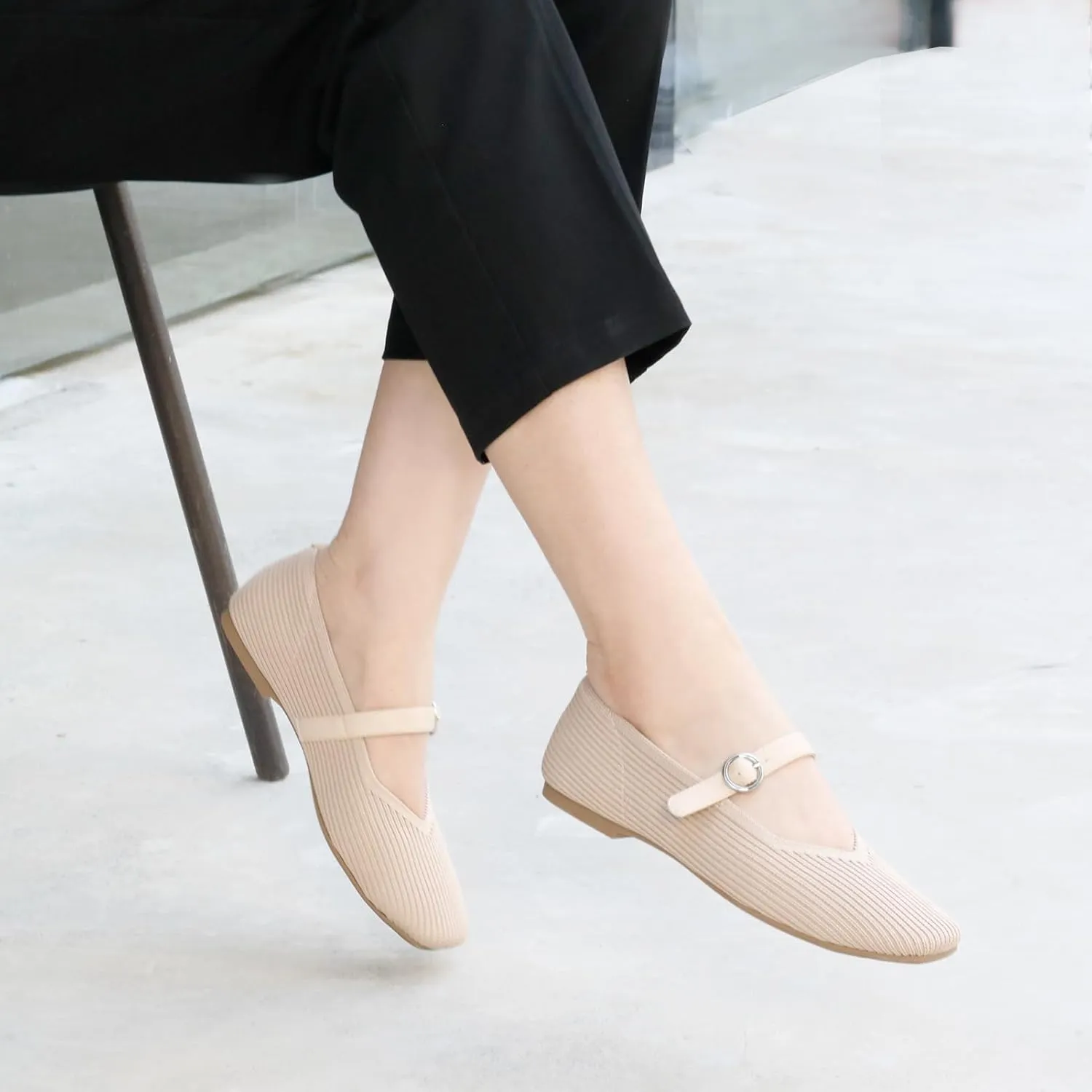 Women's Mary Jane Ballet Knit Flats Square Toe Washable Comfort Shoes with Straps for Office Casual Wear Softable Low Top