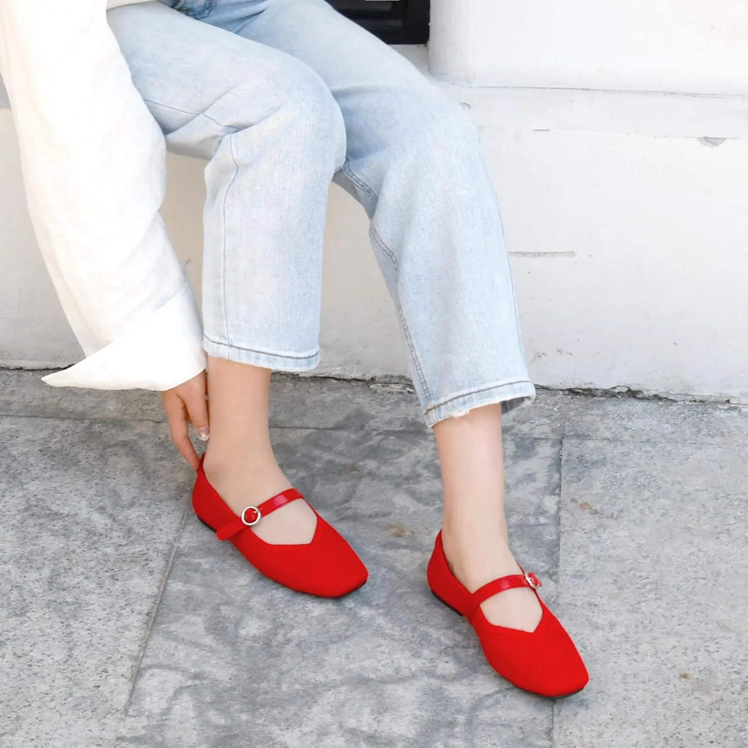 Women's Mary Jane Ballet Knit Flats Square Toe Washable Comfort Shoes with Straps for Office Casual Wear Softable Low Top