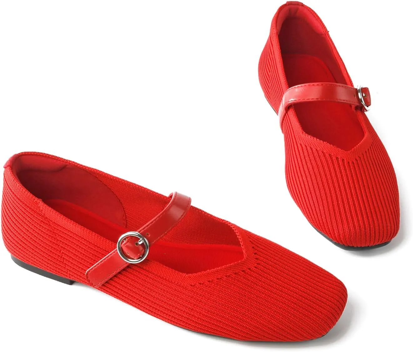 Women's Mary Jane Ballet Knit Flats Square Toe Washable Comfort Shoes with Straps for Office Casual Wear Softable Low Top