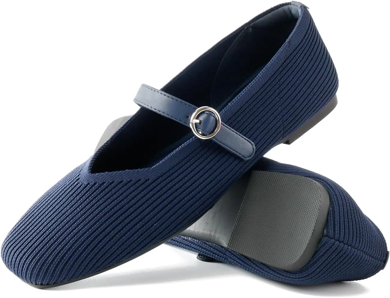 Women's Mary Jane Ballet Knit Flats Square Toe Washable Comfort Shoes with Straps for Office Casual Wear Softable Low Top