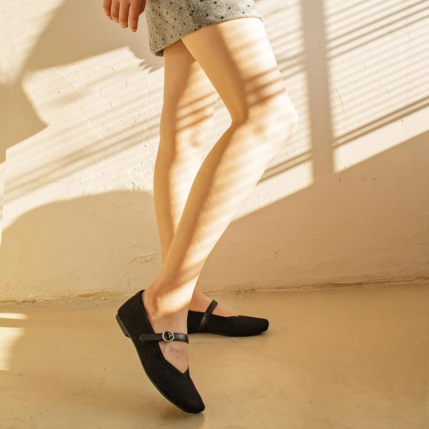 Women's Mary Jane Ballet Knit Flats Square Toe Washable Comfort Shoes with Straps for Office Casual Wear Softable Low Top