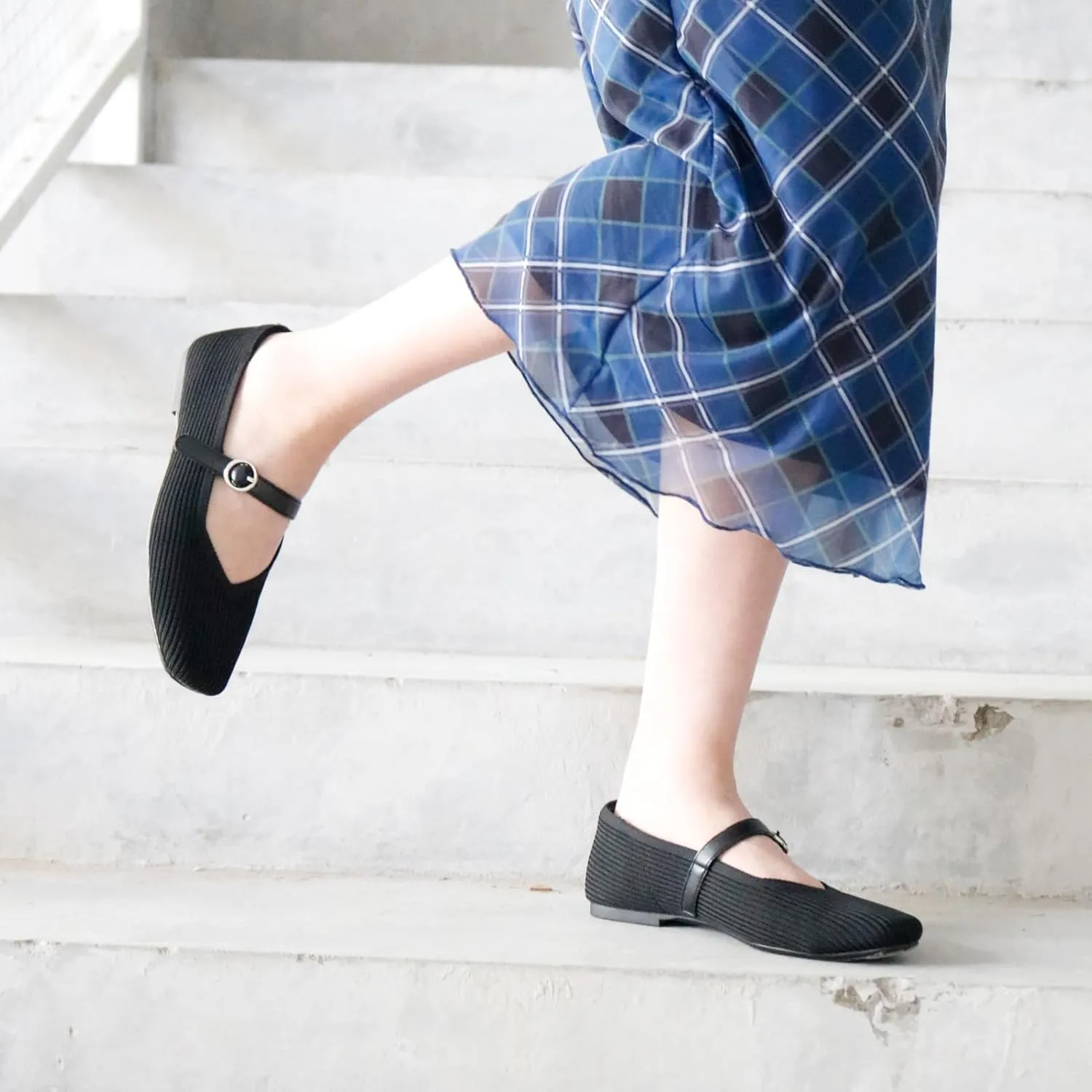 Women's Mary Jane Ballet Knit Flats Square Toe Washable Comfort Shoes with Straps for Office Casual Wear Softable Low Top