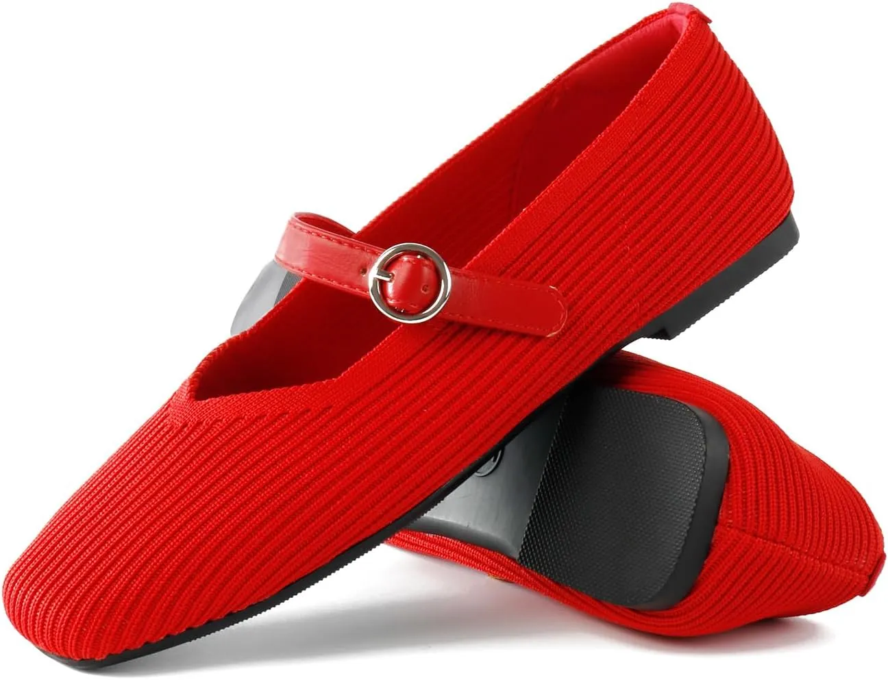 Women's Mary Jane Ballet Knit Flats Square Toe Washable Comfort Shoes with Straps for Office Casual Wear Softable Low Top