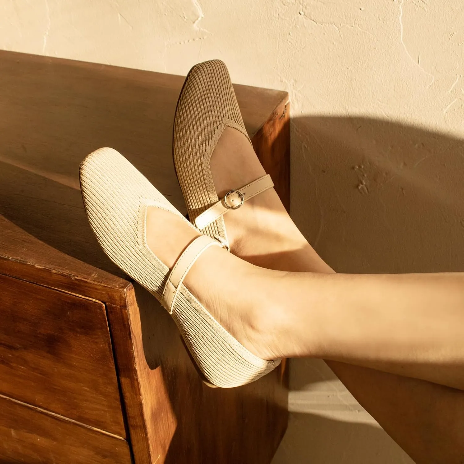Women's Mary Jane Ballet Knit Flats Square Toe Washable Comfort Shoes with Straps for Office Casual Wear Softable Low Top