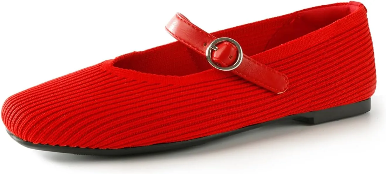 Women's Mary Jane Ballet Knit Flats Square Toe Washable Comfort Shoes with Straps for Office Casual Wear Softable Low Top