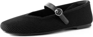 Women's Mary Jane Ballet Knit Flats Square Toe Washable Comfort Shoes with Straps for Office Casual Wear Softable Low Top