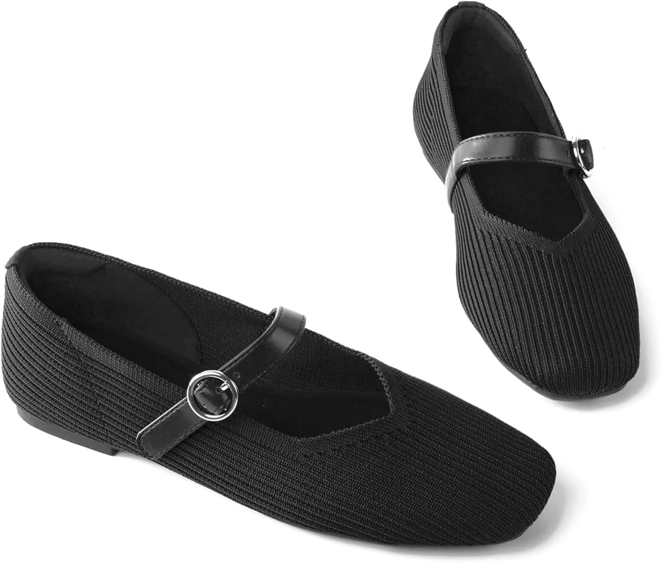 Women's Mary Jane Ballet Knit Flats Square Toe Washable Comfort Shoes with Straps for Office Casual Wear Softable Low Top