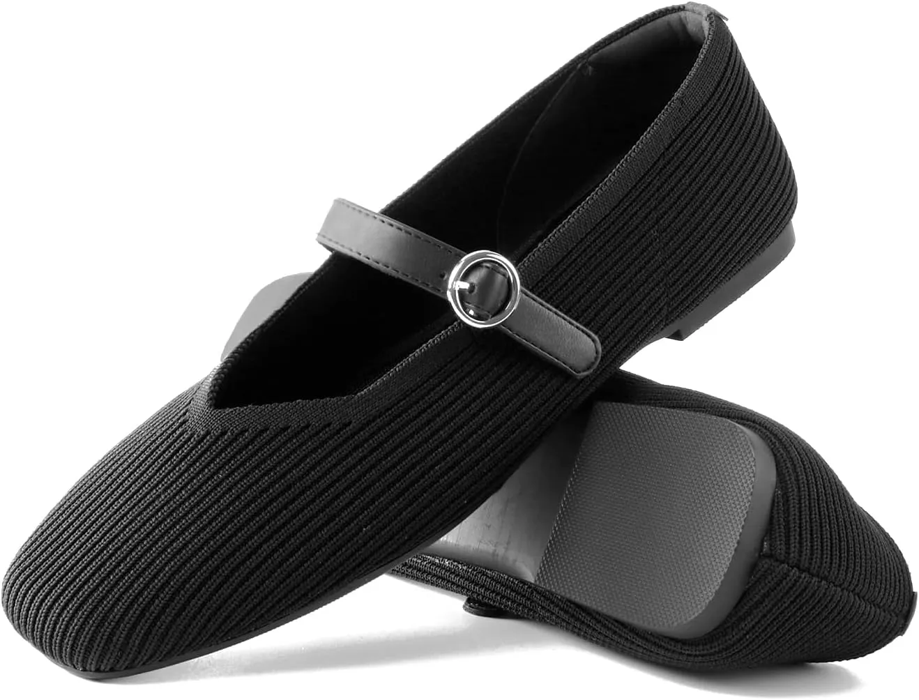 Women's Mary Jane Ballet Knit Flats Square Toe Washable Comfort Shoes with Straps for Office Casual Wear Softable Low Top