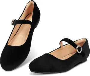 Womens Mary Jane Shoes Comfortable Strap Flats Dressy Casual Ballet Flats Shoes Floral Buckle Round Toe Black Flats Shoes for Women
