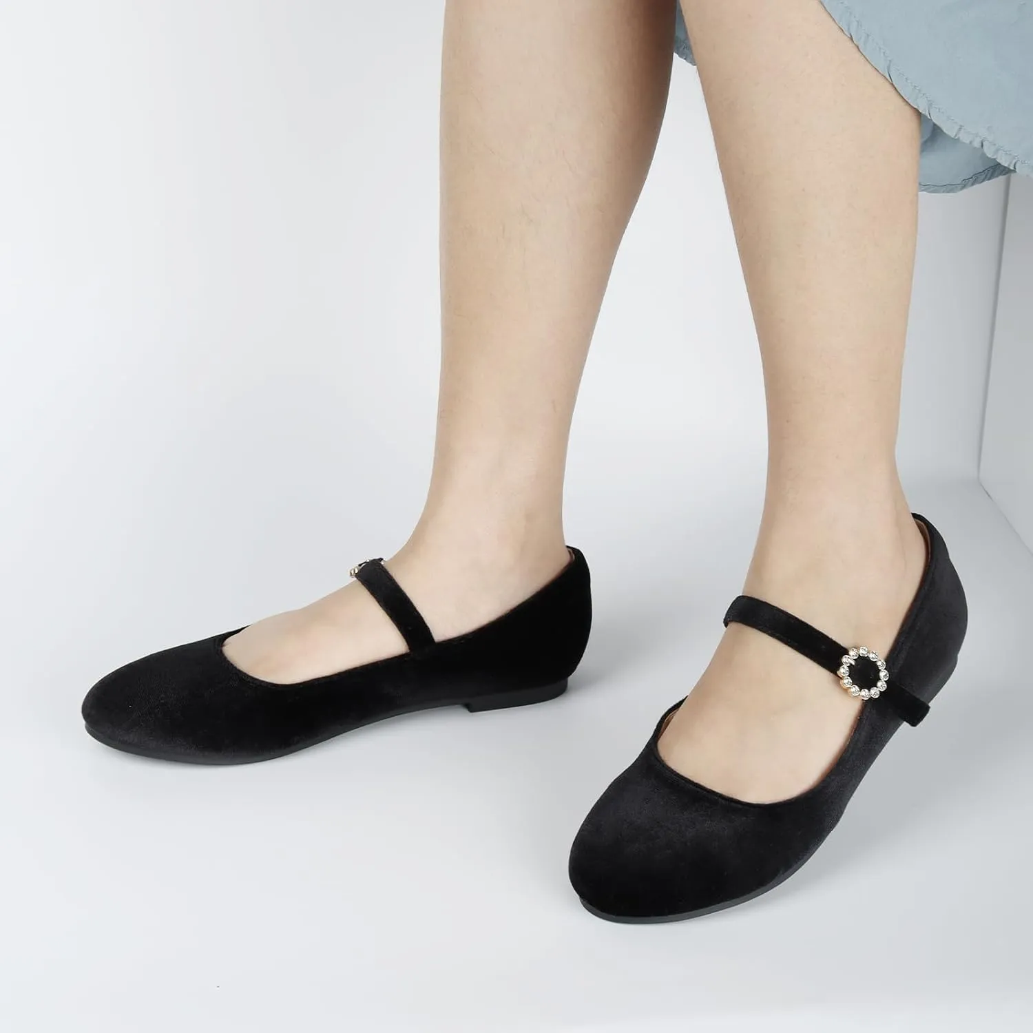 Womens Mary Jane Shoes Comfortable Strap Flats Dressy Casual Ballet Flats Shoes Floral Buckle Round Toe Black Flats Shoes for Women