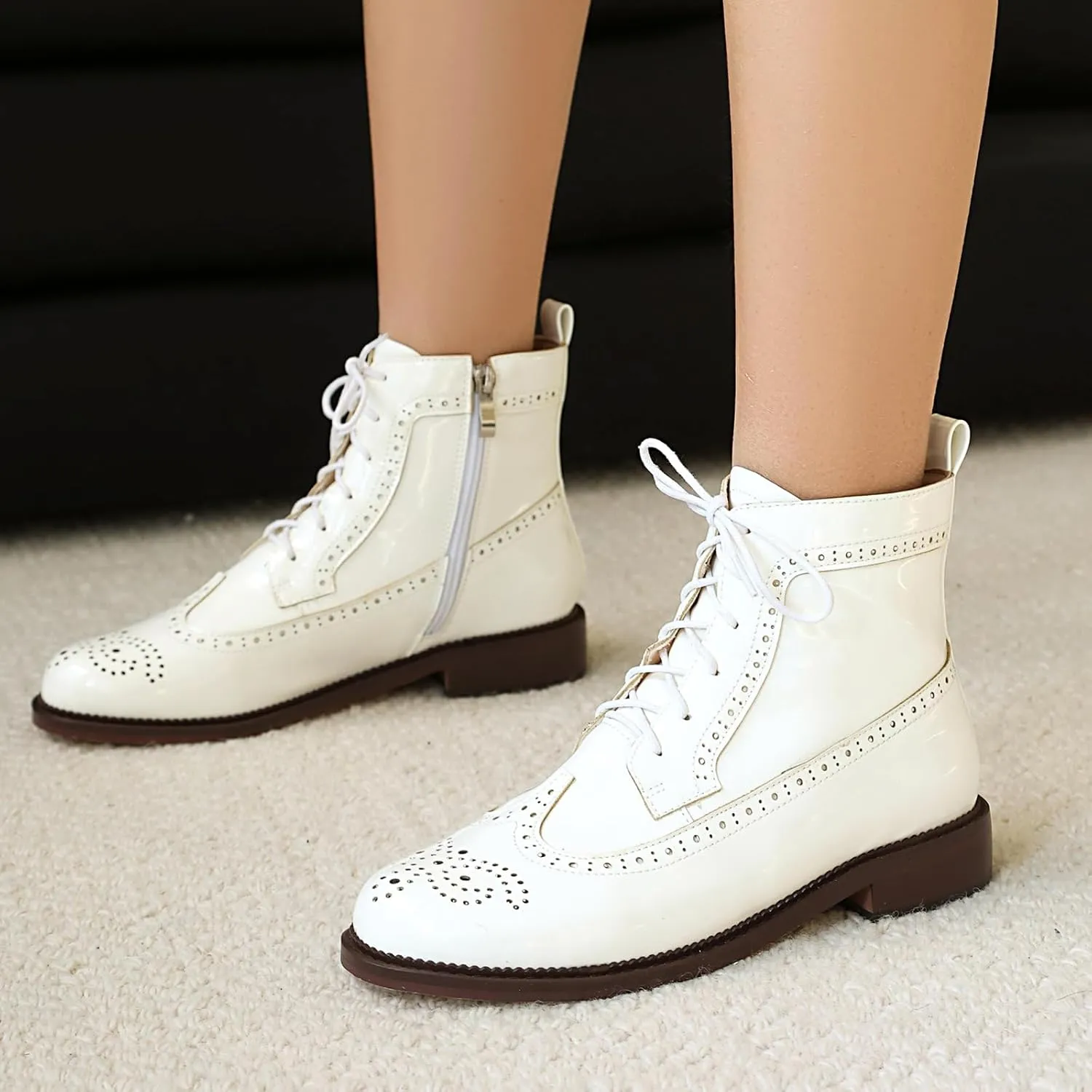 Women's Patent Leather Wingtip Brogue Combat Boots - Chunky Low Heel Lace-Up Oxford Boots Round Toe Hollow Out Design Comfortable Fashion Footwear