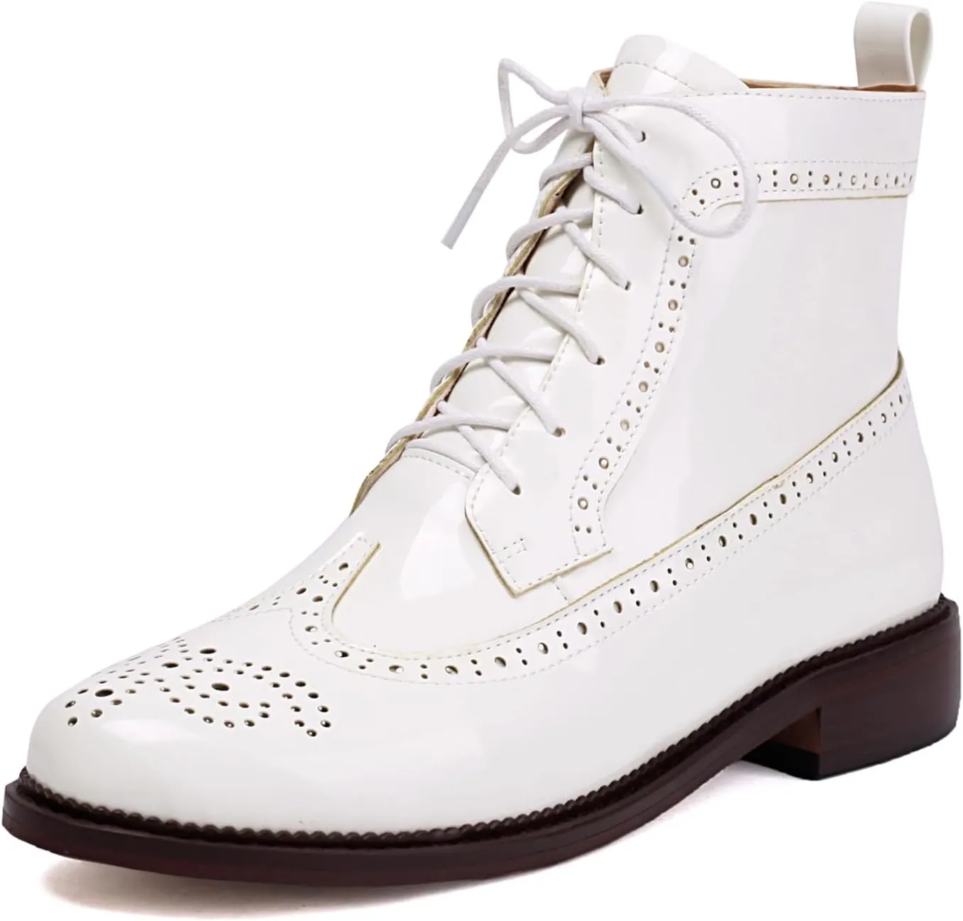 Women's Patent Leather Wingtip Brogue Combat Boots - Chunky Low Heel Lace-Up Oxford Boots Round Toe Hollow Out Design Comfortable Fashion Footwear
