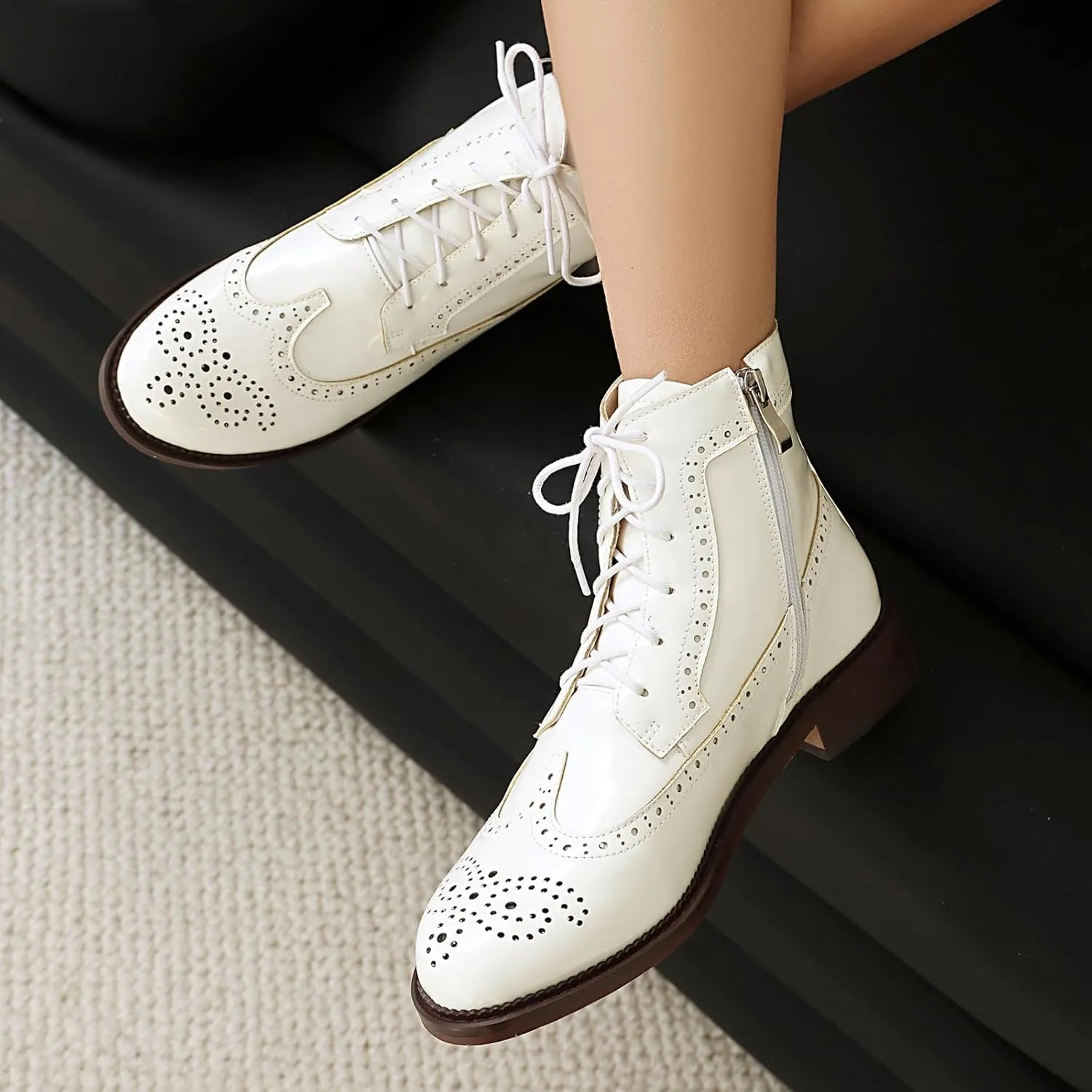 Women's Patent Leather Wingtip Brogue Combat Boots - Chunky Low Heel Lace-Up Oxford Boots Round Toe Hollow Out Design Comfortable Fashion Footwear