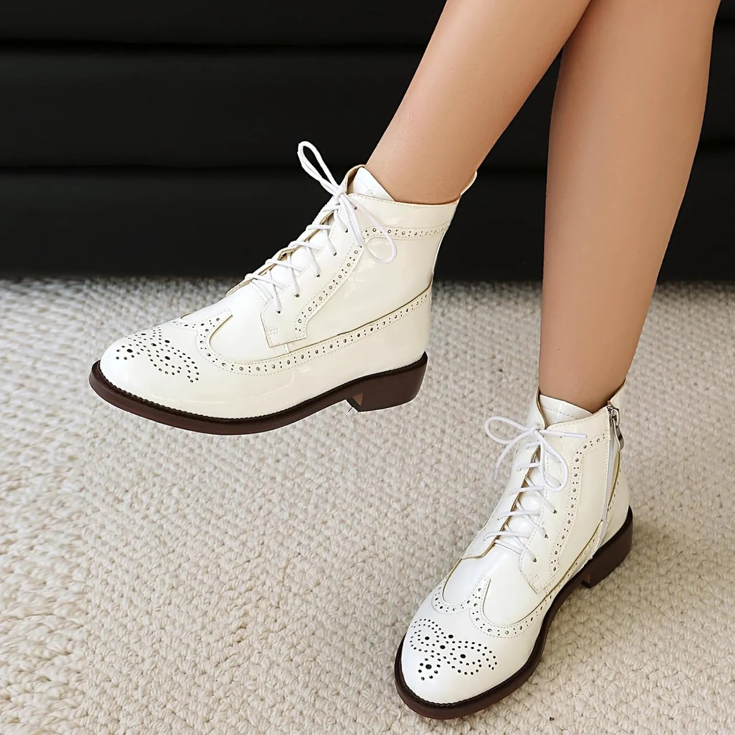 Women's Patent Leather Wingtip Brogue Combat Boots - Chunky Low Heel Lace-Up Oxford Boots Round Toe Hollow Out Design Comfortable Fashion Footwear