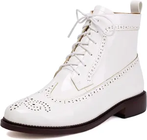 Women's Patent Leather Wingtip Brogue Combat Boots - Chunky Low Heel Lace-Up Oxford Boots Round Toe Hollow Out Design Comfortable Fashion Footwear