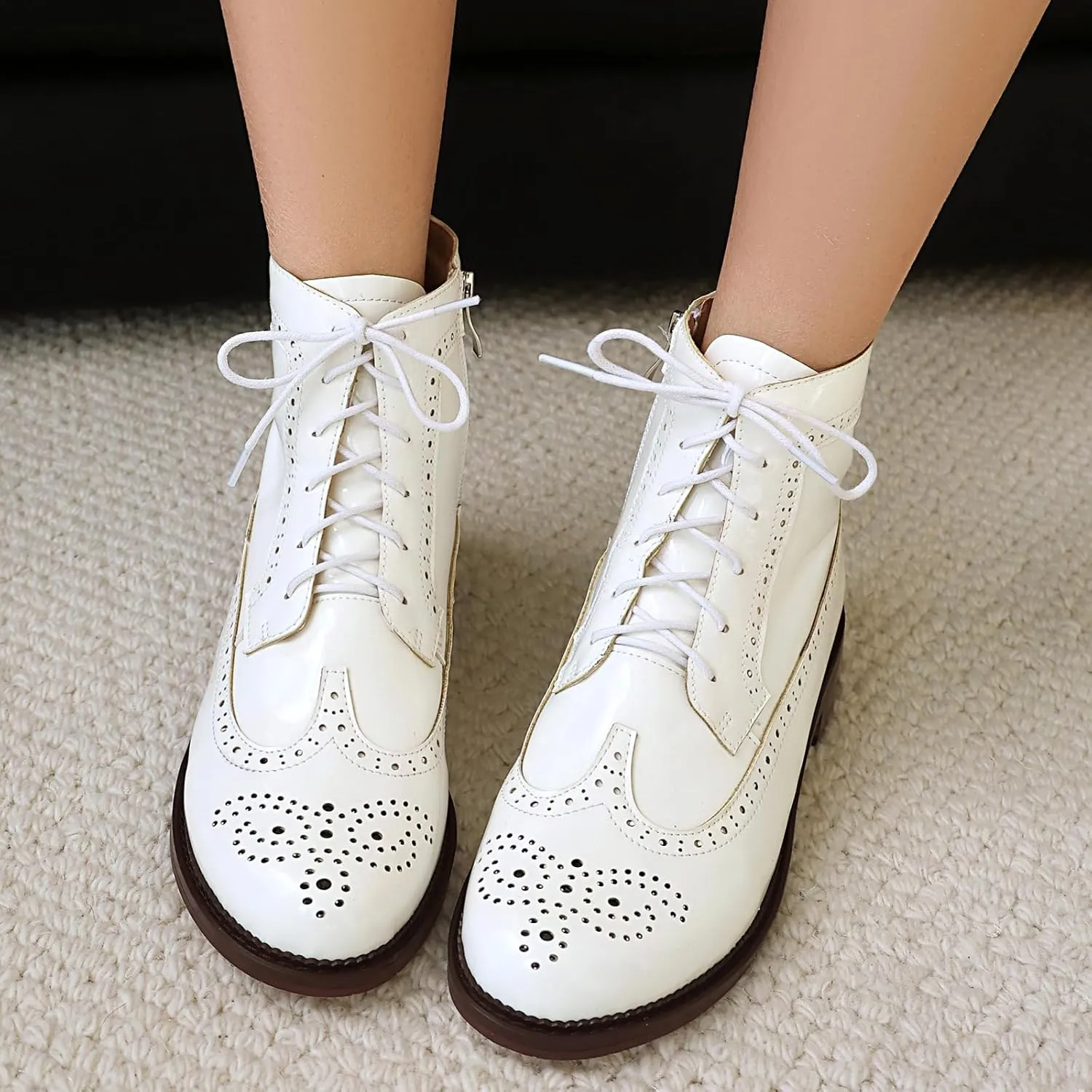 Women's Patent Leather Wingtip Brogue Combat Boots - Chunky Low Heel Lace-Up Oxford Boots Round Toe Hollow Out Design Comfortable Fashion Footwear