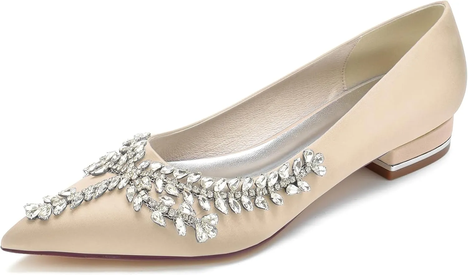 Women's Pointed Toe Bridal Pumps Comfort Satin with Rhinestone Ballet Flats Slip on Wedding Flats Prom Evening Party Dress Shoes