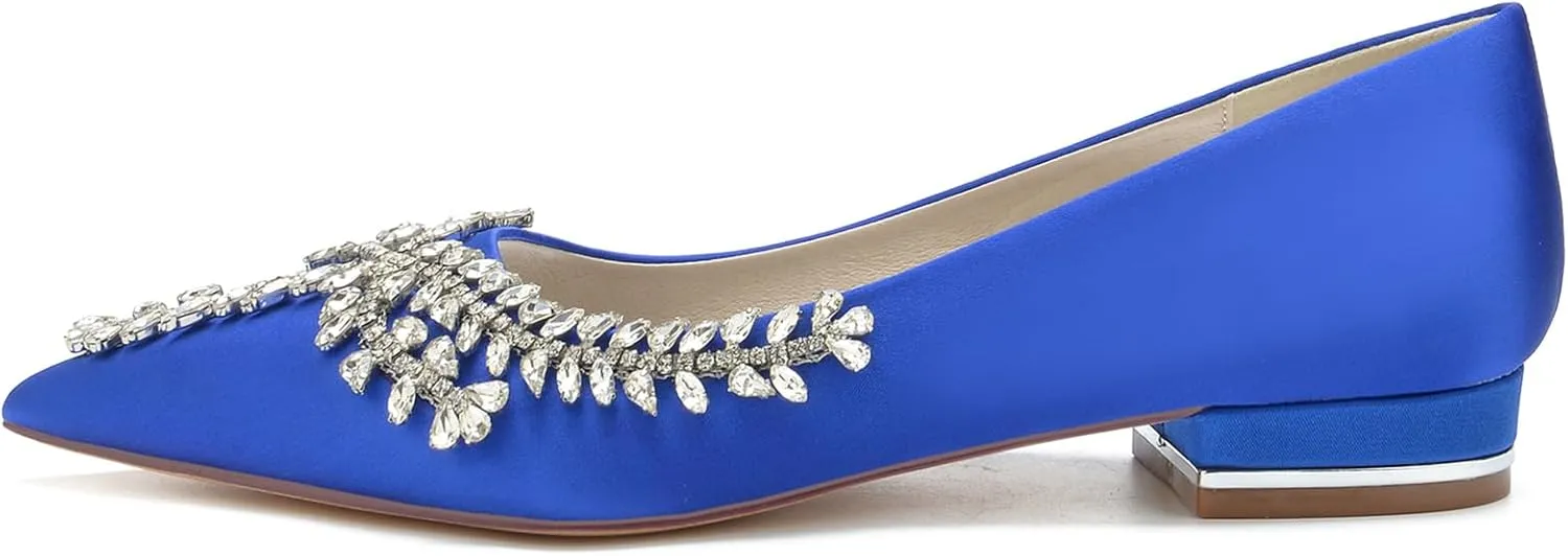 Women's Pointed Toe Bridal Pumps Comfort Satin with Rhinestone Ballet Flats Slip on Wedding Flats Prom Evening Party Dress Shoes