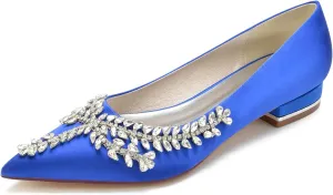 Women's Pointed Toe Bridal Pumps Comfort Satin with Rhinestone Ballet Flats Slip on Wedding Flats Prom Evening Party Dress Shoes