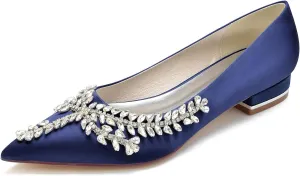 Women's Pointed Toe Bridal Pumps Comfort Satin with Rhinestone Ballet Flats Slip on Wedding Flats Prom Evening Party Dress Shoes