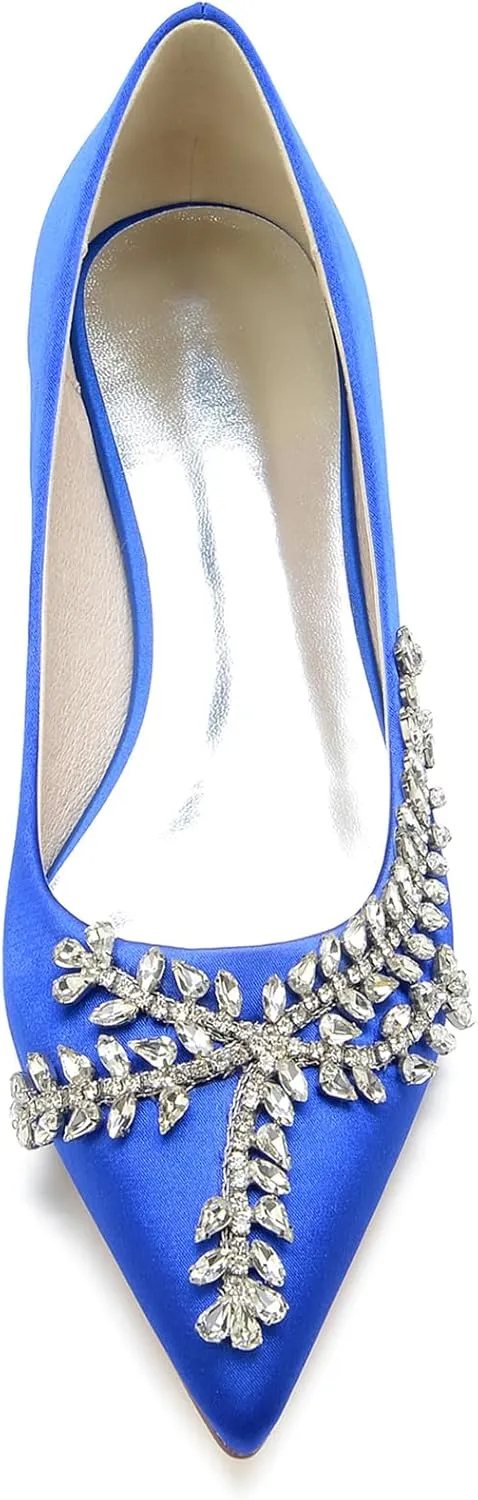 Women's Pointed Toe Bridal Pumps Comfort Satin with Rhinestone Ballet Flats Slip on Wedding Flats Prom Evening Party Dress Shoes