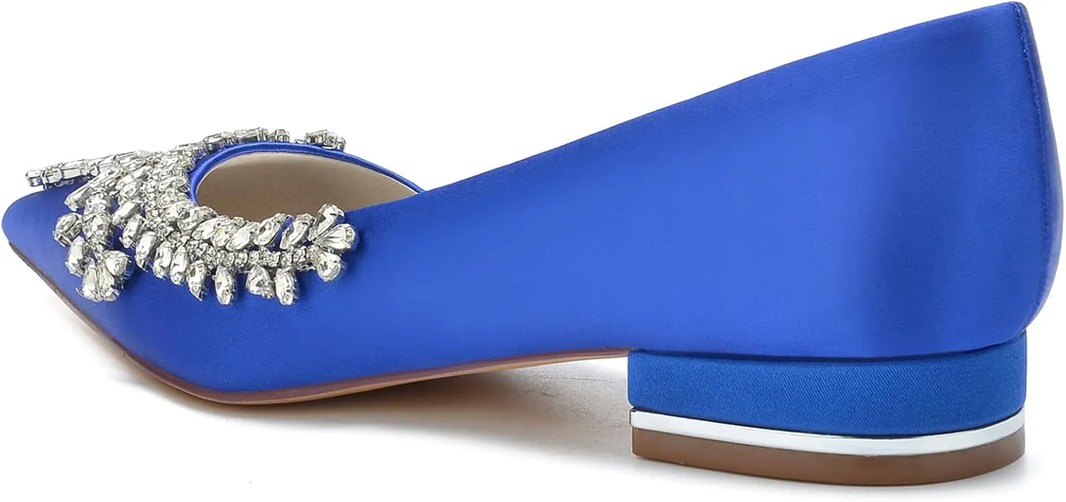 Women's Pointed Toe Bridal Pumps Comfort Satin with Rhinestone Ballet Flats Slip on Wedding Flats Prom Evening Party Dress Shoes