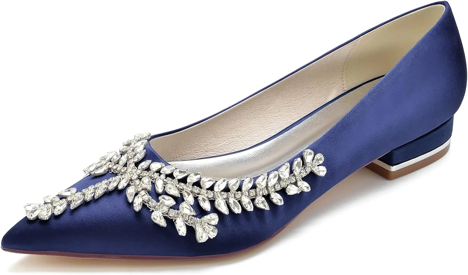 Women's Pointed Toe Bridal Pumps Comfort Satin with Rhinestone Ballet Flats Slip on Wedding Flats Prom Evening Party Dress Shoes
