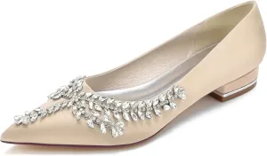Women's Pointed Toe Bridal Pumps Comfort Satin with Rhinestone Ballet Flats Slip on Wedding Flats Prom Evening Party Dress Shoes