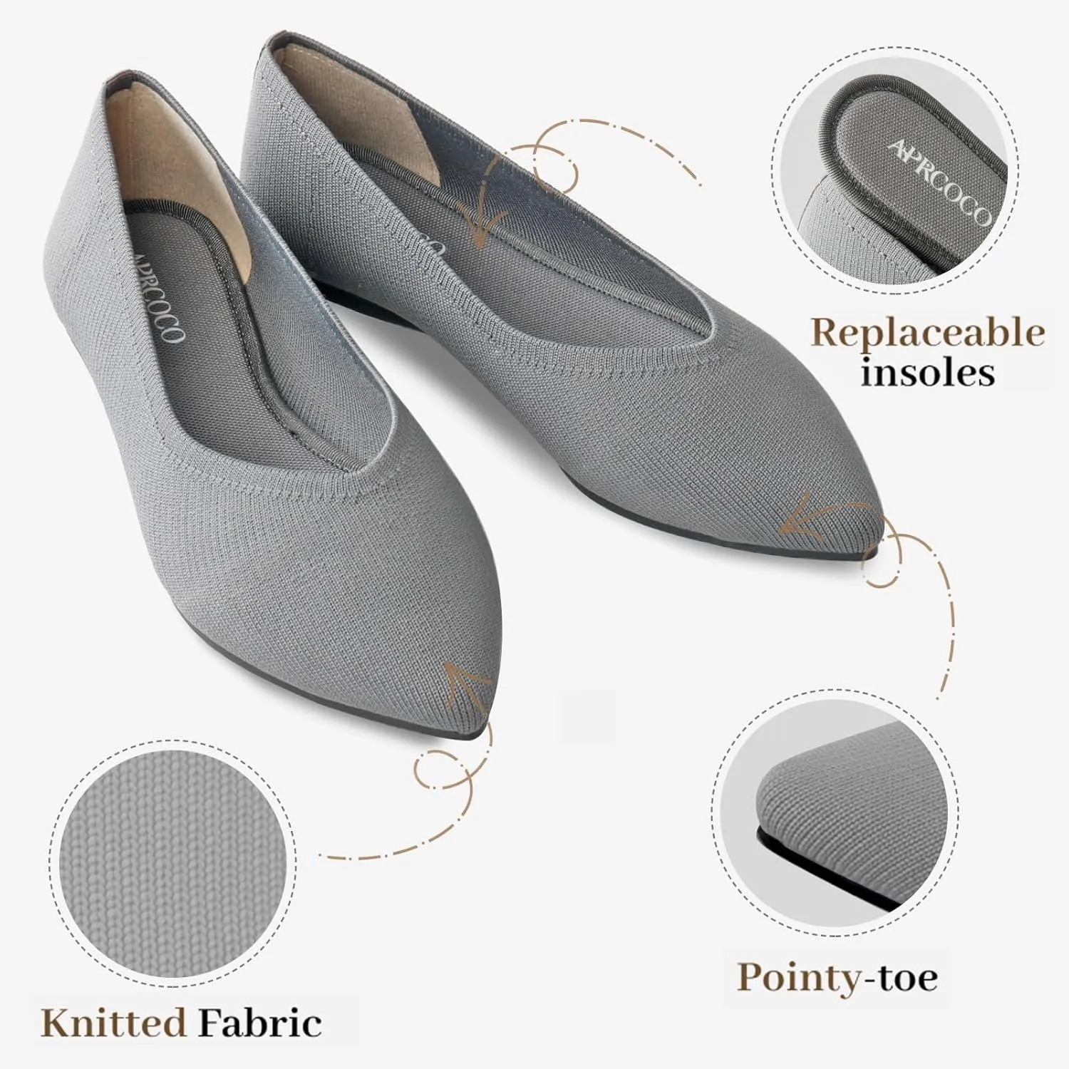 Womens Pointed Toe Flats Knit Dress Washable Flats Slip On Ballet Shoes Women Comfort Office Low Wedge