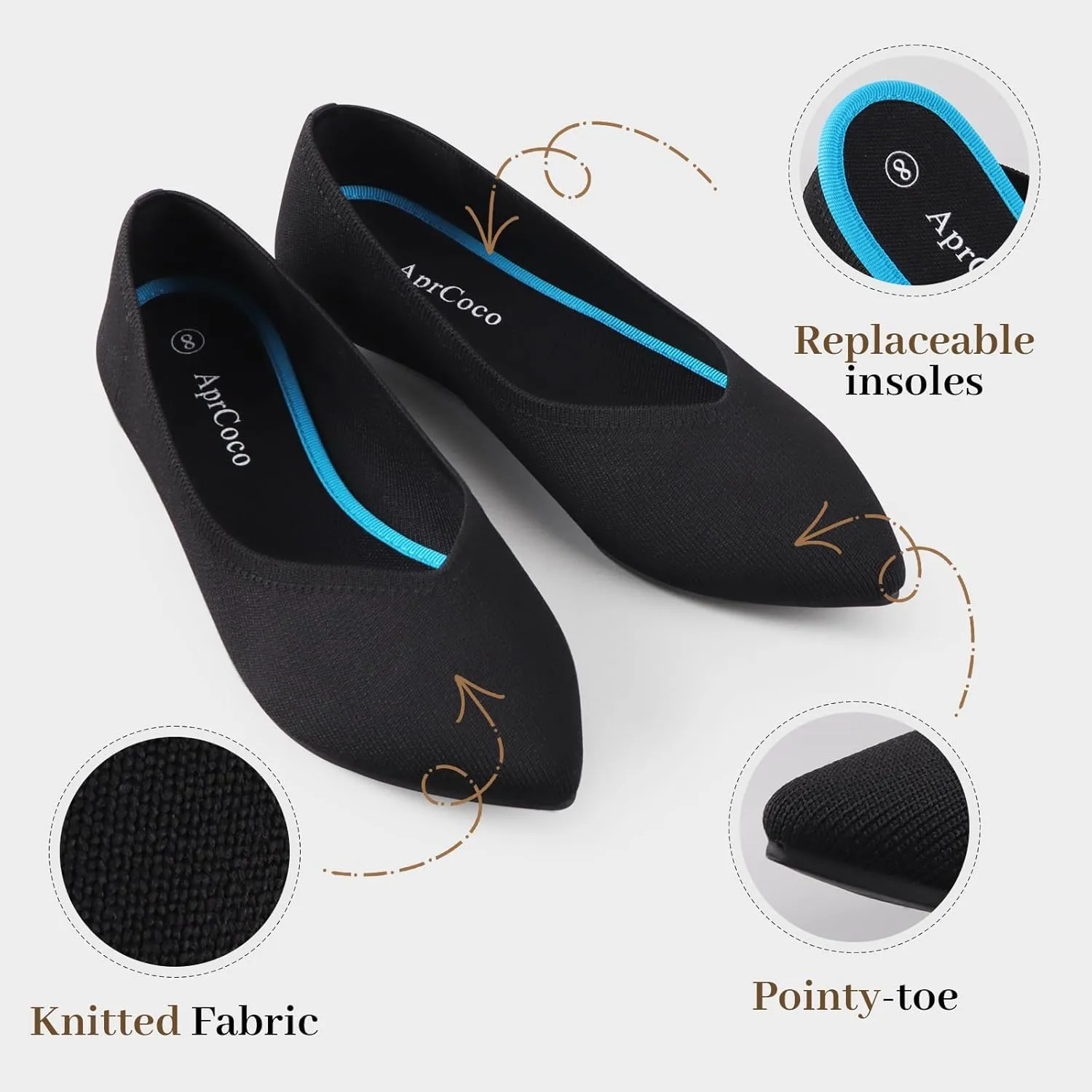 Womens Pointed Toe Flats Knit Dress Washable Flats Slip On Ballet Shoes Women Comfort Office Low Wedge