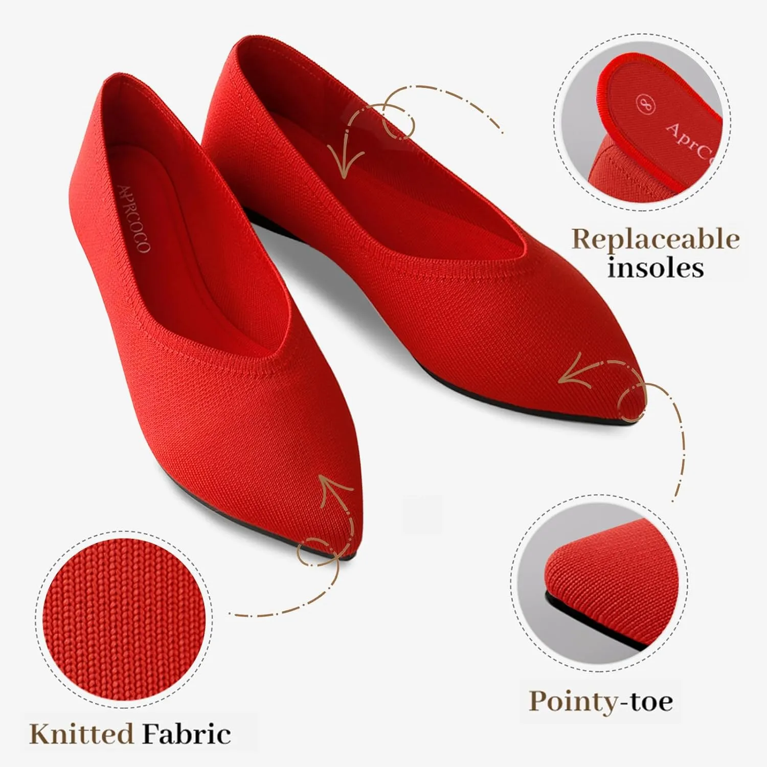 Womens Pointed Toe Flats Knit Dress Washable Flats Slip On Ballet Shoes Women Comfort Office Low Wedge