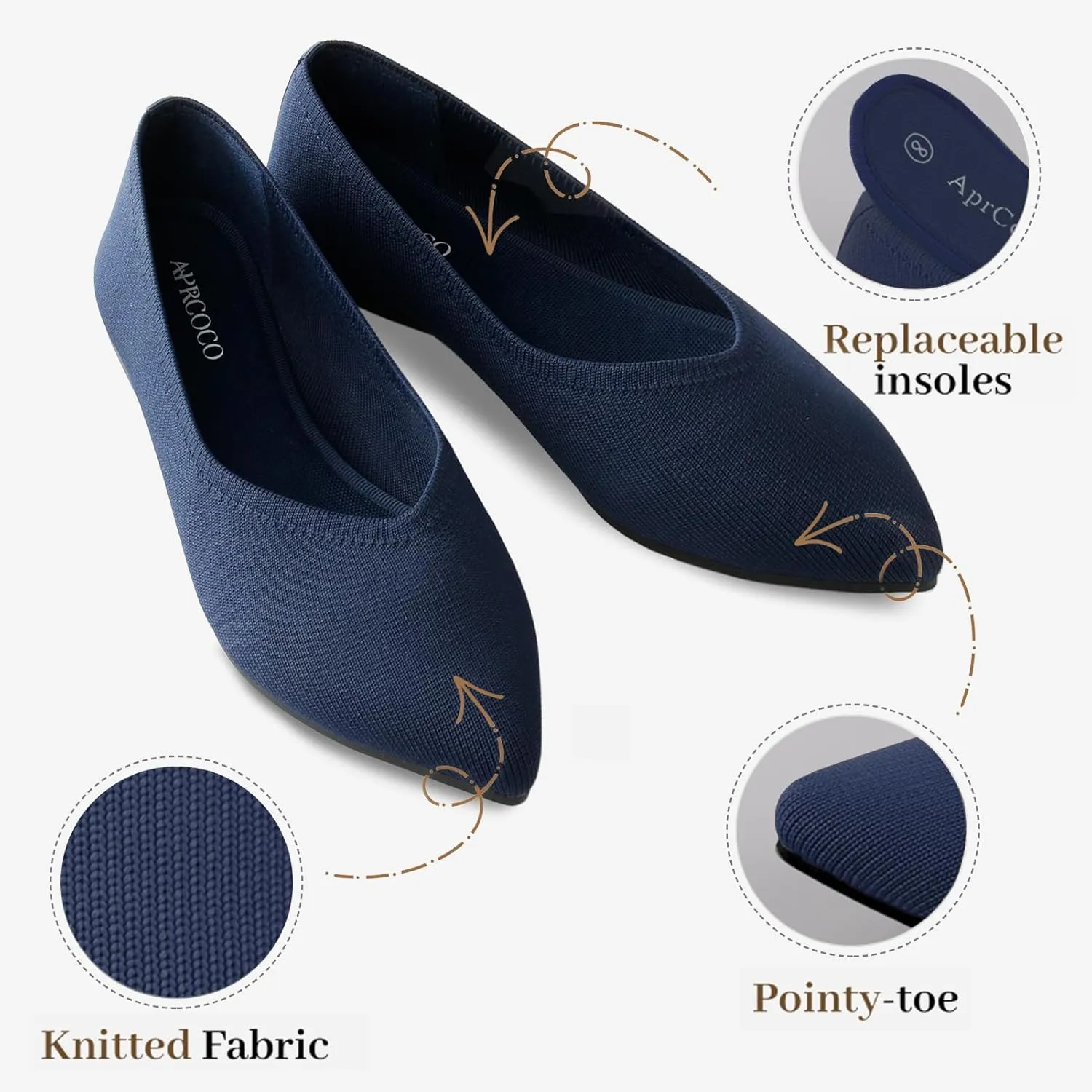 Womens Pointed Toe Flats Knit Dress Washable Flats Slip On Ballet Shoes Women Comfort Office Low Wedge