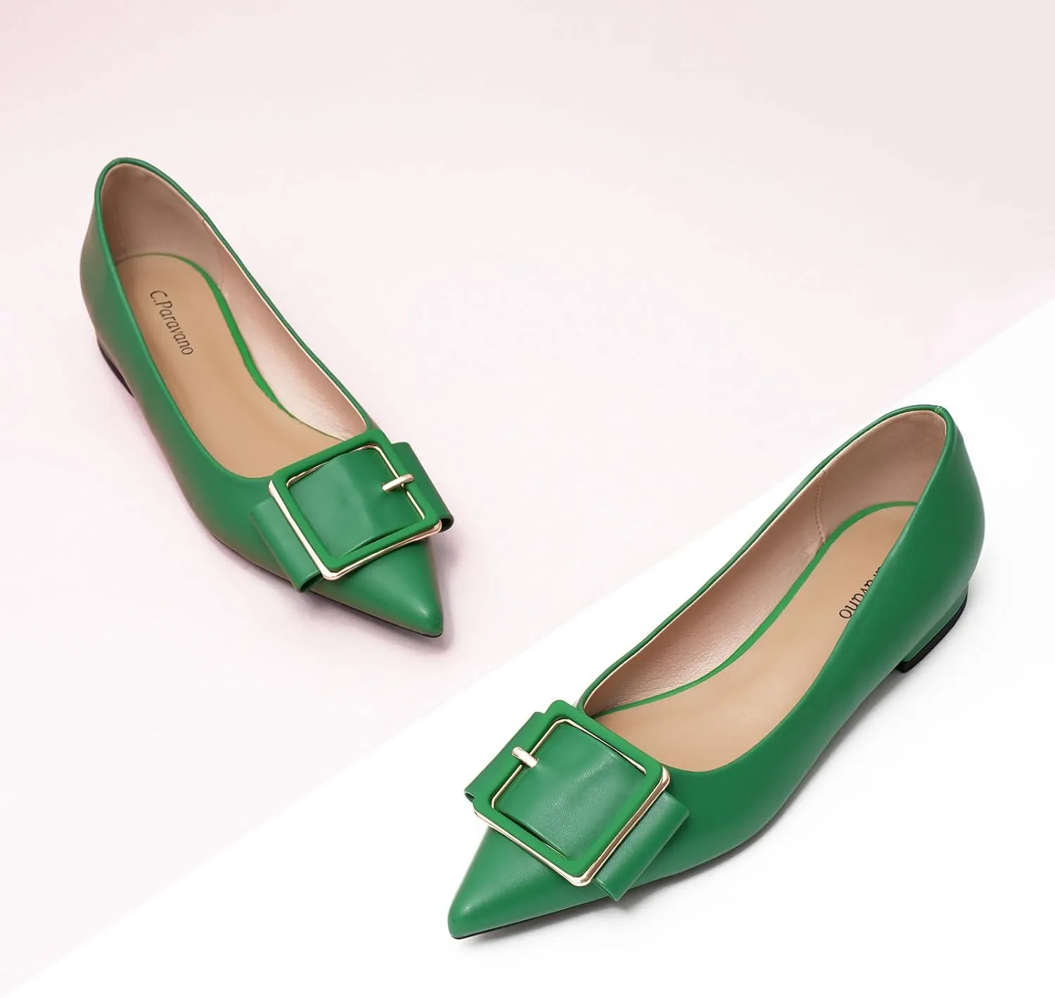 Women's Pointed Toe Square Buckle Flats Elegant Slip-On Ballet Flats Comfortable Dressy Shoes for Work Party Daily Wear
