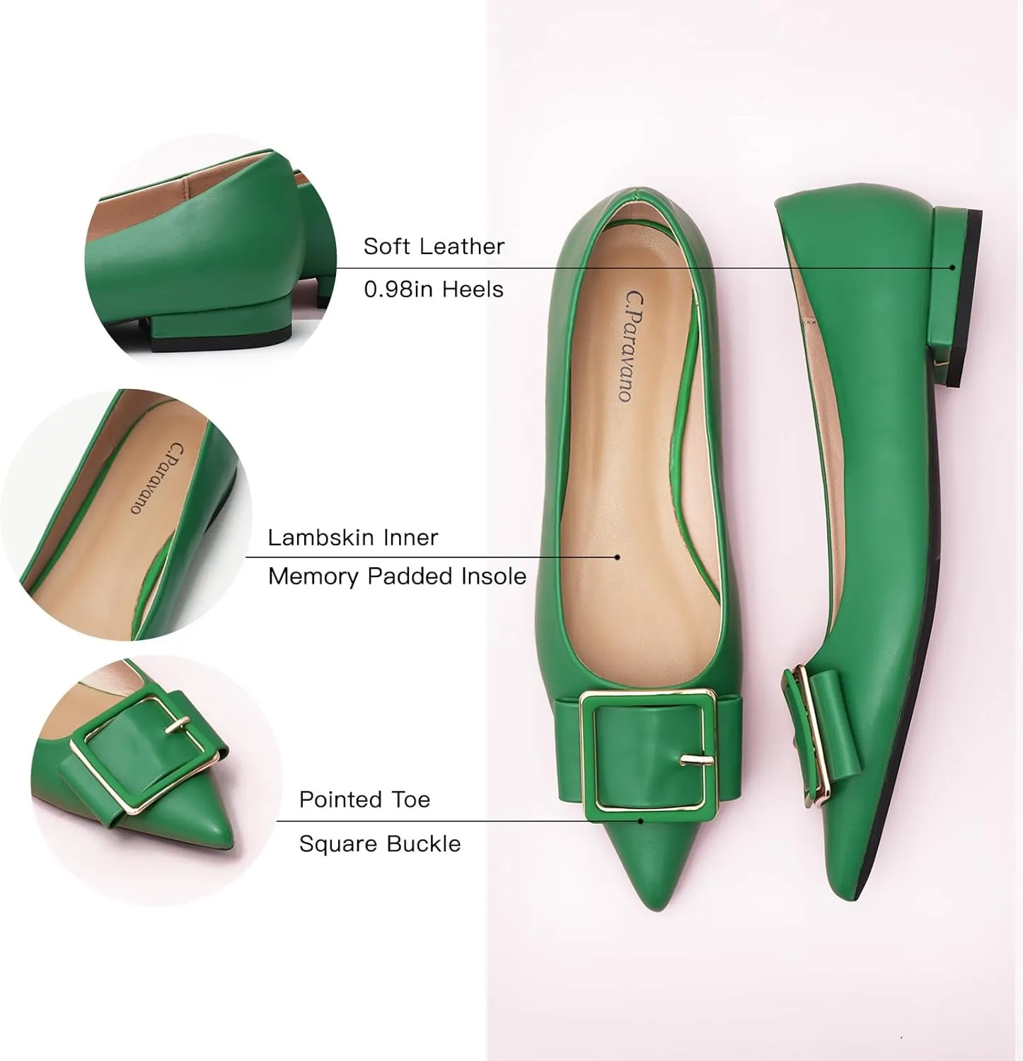 Women's Pointed Toe Square Buckle Flats Elegant Slip-On Ballet Flats Comfortable Dressy Shoes for Work Party Daily Wear