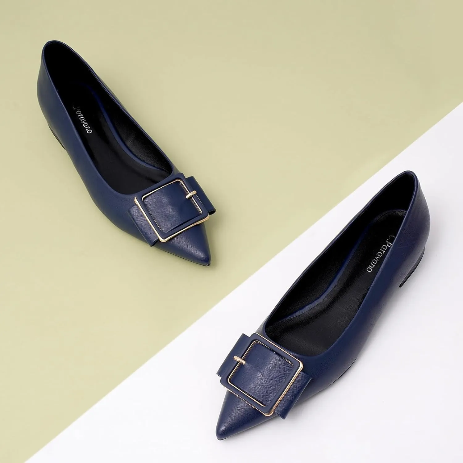 Women's Pointed Toe Square Buckle Flats Elegant Slip-On Ballet Flats Comfortable Dressy Shoes for Work Party Daily Wear