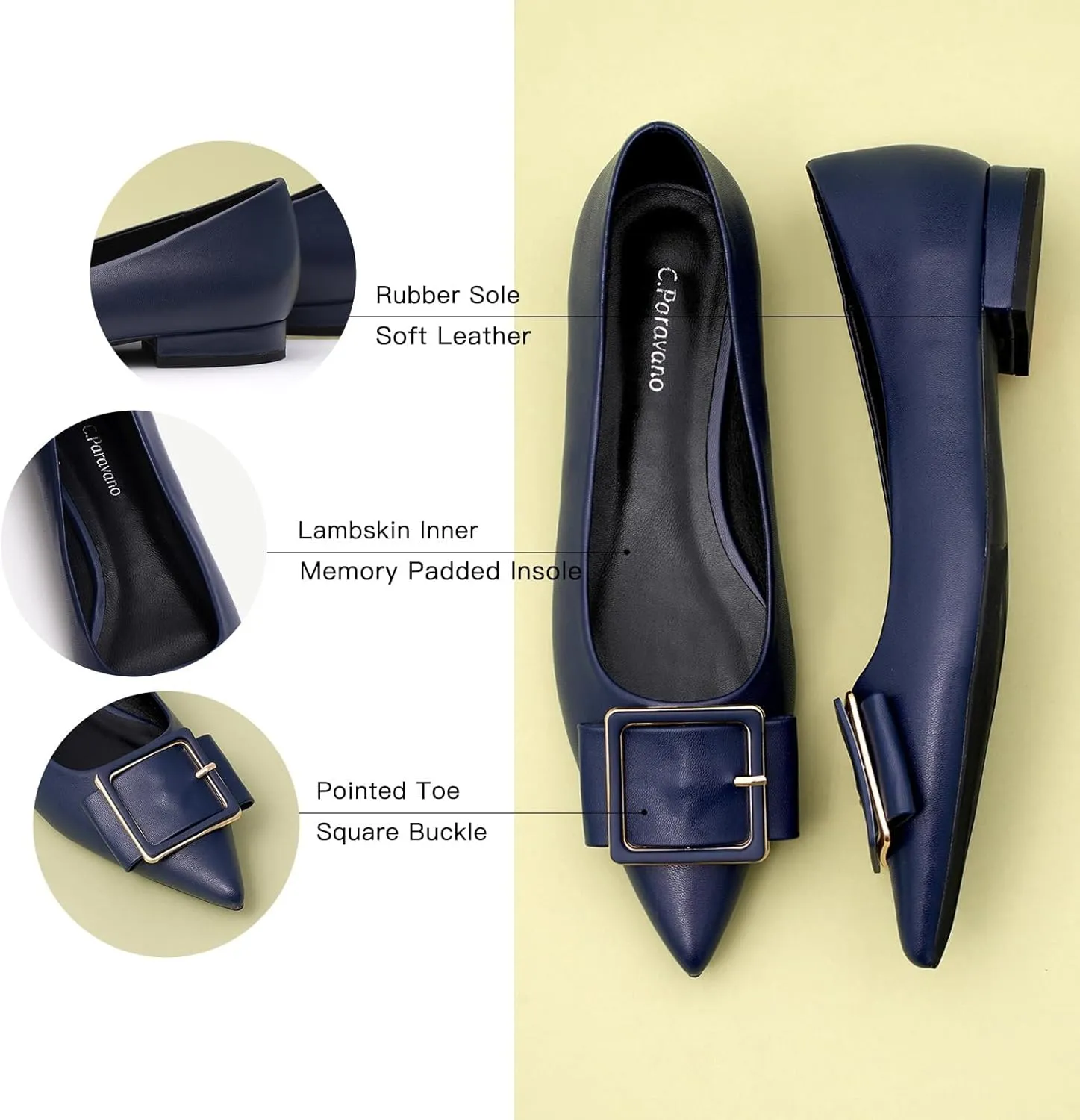 Women's Pointed Toe Square Buckle Flats Elegant Slip-On Ballet Flats Comfortable Dressy Shoes for Work Party Daily Wear
