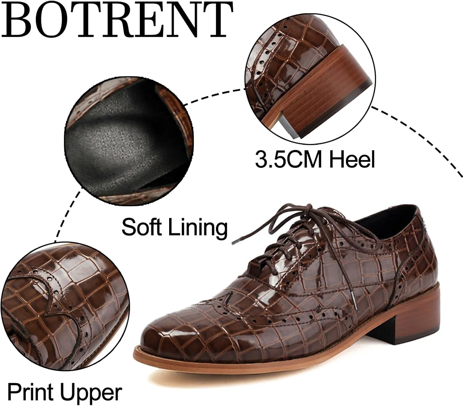 Women's Print Leather Low Heel Brogue Oxford Shoes Fashion Wingtip Comfort Non Slip Lace Up Block Heel Dress Shoes for Business Evening Dating