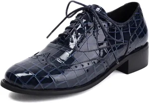 Women's Print Leather Low Heel Brogue Oxford Shoes Fashion Wingtip Comfort Non Slip Lace Up Block Heel Dress Shoes for Business Evening Dating