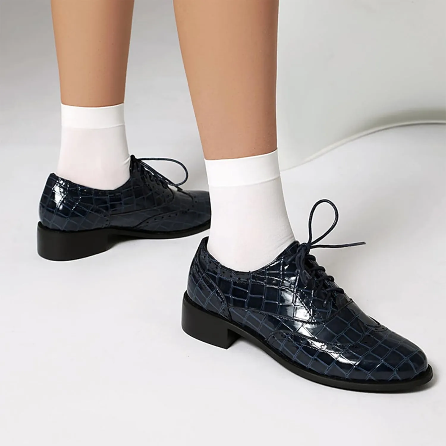 Women's Print Leather Low Heel Brogue Oxford Shoes Fashion Wingtip Comfort Non Slip Lace Up Block Heel Dress Shoes for Business Evening Dating